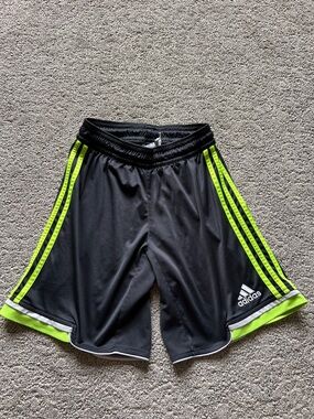 adidas Boys Dark Gray/Black Athletic Shorts with Neon Green/Yellow Stripes